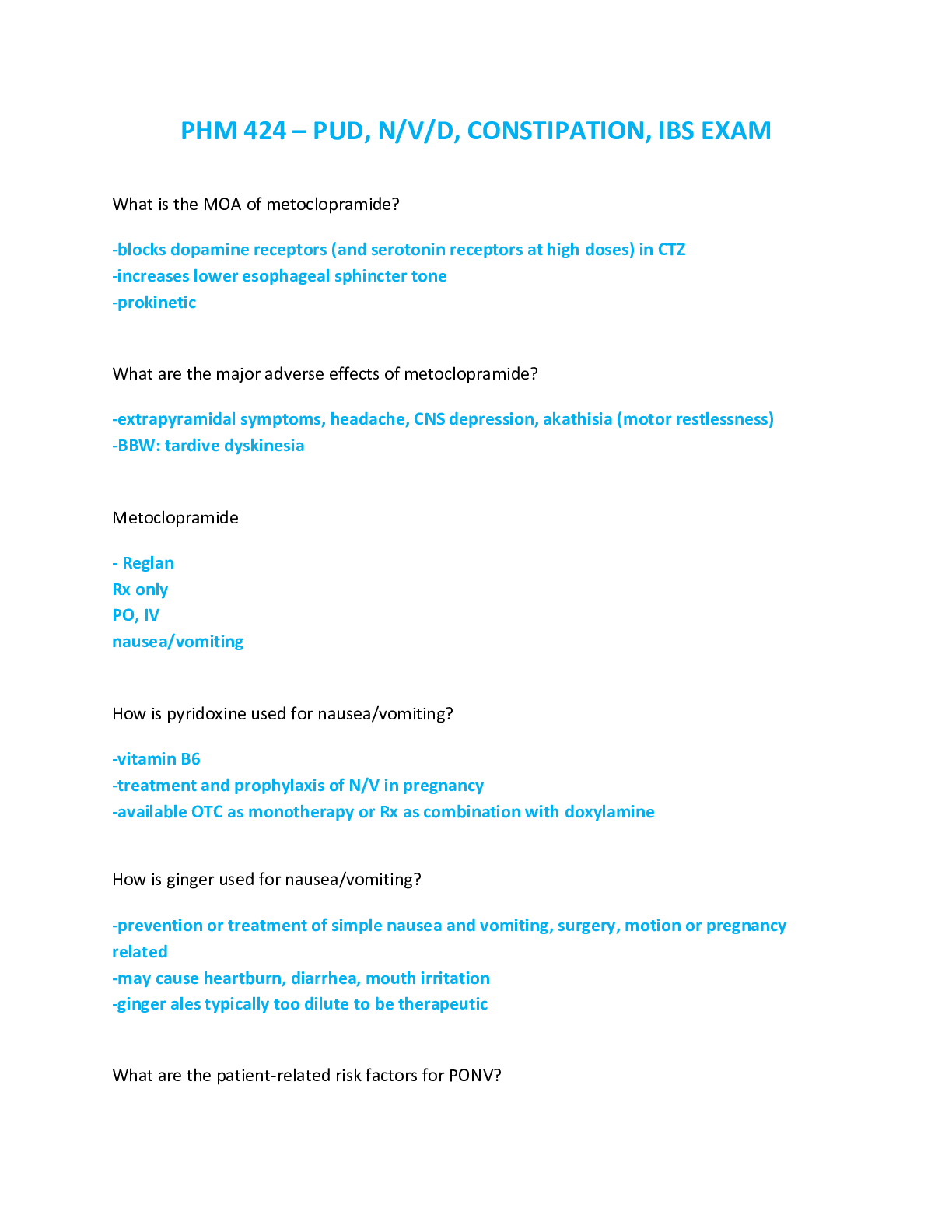 Preview image of PHM 424 – PUD, N/V/D, CONSTIPATION, IBS EXAM document